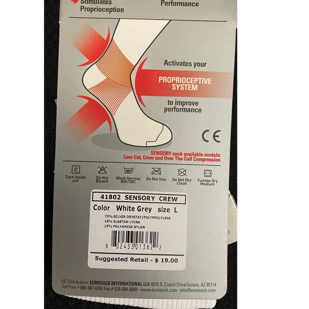 Eurosock Sensory Crew Compression Socks White Grey Size L Ankle Support 41802
